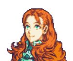  1girl annette_fantine_dominic close-up english_commentary face fire_emblem fire_emblem:_three_houses glaceo green_eyes long_hair looking_up lowres orange_hair parody pixel_art portrait smile solo style_parody transparent_background upper_body wavy_hair 