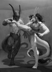  anthro athletic athletic_anthro athletic_female athletic_male black_hair bottomless bra breasts breath claws cleavage clothed clothing dragon duo ear_piercing female fight foot_grab genitals greyscale hair hand_on_foot hi_res honovy inside kick long_ears male monochrome piercing pussy shadow sports_bra underwear 