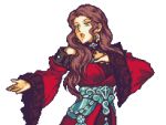  1girl bare_shoulders breasts brown_hair curly_hair dorothea_arnault dress earrings english_commentary fire_emblem fire_emblem:_three_houses frilled_dress frills glaceo green_eyes hand_on_hip jewelry long_hair looking_ahead open_mouth parody pixel_art red_dress solo style_parody 