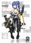  1girl bikini black_bikini blue_hair boots breasts girls_frontline highres jacket k11_(girls_frontline) knee_boots long_hair looking_at_viewer open_clothes purple_eyes shirt side_ponytail smile solo swimsuit tactical_clothes weapon 