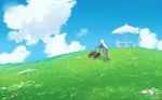  blue_sky chair cloud dress echidna_(re:zero) grass highres lawnmower outdoors re:zero_kara_hajimeru_isekai_seikatsu ryusei_hashida scenery sky table umbrella white_hair 