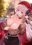 1girl aran_sweater artist_name azur_lane bangs bare_shoulders belfast_(azur_lane) belfast_(shopping_with_the_head_maid)_(azur_lane) beret black_skirt blue_eyes blush bow breasts brown_sweater choker cleavage clothes_pull earrings food food_in_mouth hair_between_eyes hat hat_bow heart highres hoop_earrings huge_breasts jewelry long_hair looking_at_viewer neco_meito off-shoulder_sweater off_shoulder outdoors pantyhose pencil_skirt pocky red_headwear red_shawl sash shawl signature skirt solo sweater sweater_pull white_hair white_sash 