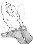  2019 anthro big_ears bodily_fluids canid canine canis clothed clothing diego_(kaboozey) domestic_dog hi_res kaboozey male mammal monochrome nipples overalls partially_clothed slightly_chubby solo sweat 