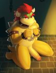  3_toes 5_fingers anthro balls big_balls big_penis bowser bracelet chain chained claws collar fangs fingers fist foreskin frown genitals glans green_body green_scales handcuffs hi_res horn jewelry kneeling koopa looking_at_viewer looking_up male mario_bros nintendo penis red_eyes red_glans scales scalie shackles solo spiked_bracelet spiked_collar spiked_tail spikes spikes_(anatomy) tan_balls tan_body tan_penis tan_scales toe_claws toes twang video_games white_claws white_horn yellow_body yellow_scales 