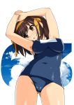 1girl armpits arms_up ass_visible_through_thighs bangs bare_shoulders blue_swimsuit blush breasts brown_eyes brown_hair commentary_request covered_navel covered_nipples eyebrows_visible_through_hair hairband haruhisky highres looking_away medium_breasts one-piece_swimsuit open_mouth school_swimsuit shiny shiny_skin short_hair simple_background solo suzumiya_haruhi suzumiya_haruhi_no_yuuutsu swimsuit thighs water water_drop wet 