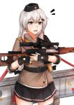  1girl absurdres barrette belt black_gloves black_headwear black_skirt brown_jacket dragunov_svd eyebrows_visible_through_hair girls_frontline gloves grey_eyes grey_hair gun hair_between_eyes hat highres holding holding_weapon huge_filesize jacket jewelry leg_holster long_hair looking_at_viewer military_hat muteppona_hito open_mouth partly_fingerless_gloves red_star rifle ring shirt silver_hair skirt sniper_rifle solo soviet_flag svd_(girls_frontline) tape thighhighs uniform weapon weapon_case white_background white_shirt 