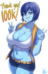  1girl absurdres belly blue_eyes blue_hair blue_skin breasts bright_pupils collarbone grin highres jmg large_breasts navel original sharp_teeth shirt short_hair short_shorts shorts signature simple_background smile solo tank_top teeth thighs white_background white_shirt 