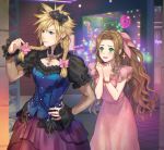  1boy 1girl aerith_gainsborough blue_eyes blush bow braid cloud_strife crossdressing dress final_fantasy final_fantasy_vii final_fantasy_vii_remake frilled_dress frilled_sleeves frills green_eyes hair_bow looking_at_another low_braid ohse pink_dress smile sparkle spiked_hair twin_braids wavy_hair 