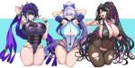  3girls armlet bangs bare_shoulders bikini black_bikini black_gloves black_hair black_headwear black_legwear black_swimsuit blue_bow blue_jacket blue_swimsuit blush bow breasts cleavage covered_navel drogod facial_mark fate/grand_order fate_(series) fellatio_gesture fingerless_gloves flower forehead_mark gloves gold_trim hair_between_eyes hair_bow hair_flower hair_ornament hair_up half_gloves halter_top halterneck hat highleg highleg_swimsuit huge_breasts jacket large_breasts long_hair looking_at_viewer multicolored_hair multiple_girls murasaki_shikibu_(fate) murasaki_shikibu_(swimsuit_rider)_(fate) necktie one-piece_swimsuit open_mouth pantyhose parted_bangs pink_hair pink_neckwear police_hat ponytail purple_eyes purple_hair red_eyes sesshouin_kiara sesshouin_kiara_(swimsuit_mooncancer)_(fate) short_sleeves silver_hair streaked_hair swimsuit thighs tied_hair tomoe_gozen_(fate/grand_order) tomoe_gozen_(swimsuit_saber)_(fate) tongue tongue_out two-tone_swimsuit very_long_hair white_swimsuit yellow_eyes 