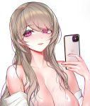  1girl bangs bare_shoulders blush breasts brown_hair cellphone cleavage highres holding holding_phone honkai_(series) honkai_impact_3rd long_hair looking_at_viewer mole mole_under_eye off_shoulder open_clothes open_shirt papupu phone red_eyes rita_rossweisse self_shot shirt simple_background smartphone smile solo sweat swept_bangs upper_body wet white_background white_shirt 