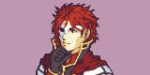  1boy buskhusker cape character_request close-up closed_mouth face fire_emblem hand_on_own_chin highres looking_ahead mask_over_one_eye pixel_art portrait purple_background red_cape red_eyes red_hair simple_background smile solo upper_body 