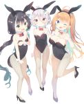  3girls ;d ahoge animal_ears antenna_hair bangs bare_shoulders black_footwear black_hair black_hairband black_leotard blue_eyes blush bow bowtie breasts brown_hair bunny_ears bunny_tail bunnysuit cleavage closed_mouth collar commentary_request covered_navel detached_collar eyebrows_visible_through_hair fake_animal_ears fang fishnet_legwear fishnets flower green_eyes hair_between_eyes hair_flower hair_ornament hairband heart heart_hands high_heels karyl_(princess_connect!) kokkoro_(princess_connect!) large_breasts leotard long_hair looking_at_viewer low_twintails multicolored_hair multiple_girls one_eye_closed open_mouth pantyhose parted_bangs pecorine_(princess_connect!) pointy_ears princess_connect! princess_connect!_re:dive purple_eyes red_neckwear shoes silver_hair simple_background small_breasts smile standing standing_on_one_leg strapless strapless_leotard streaked_hair tail twintails very_long_hair white_background white_collar white_flower white_hair wing_collar wrist_cuffs yuizaki_kazuya 