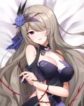  1girl bed_sheet black_dress blue_flower blue_rose blush breasts cleavage clothing_cutout dakimakura dress flower gou_lianlian_dogface hair_flower hair_ornament hair_over_one_eye honkai_(series) honkai_impact_3rd large_breasts light_brown_hair long_hair looking_at_viewer lying mole mole_under_eye on_back parted_lips plant purple_eyes rita_rossweisse rita_rossweisse_(fallen_rosemary) rose sample shoulder_cutout side_cutout smile solo thorns upper_body veil very_long_hair vines 