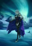  1girl alternate_costume armor aurora barefoot breasts cape cleavage corrin_(fire_emblem) corrin_(fire_emblem)_(female) fire_emblem fire_emblem_fates greaves hairband highres imageprogram_(kent) long_hair looking_at_viewer red_eyes smile snow solo standing very_long_hair 
