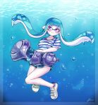  1girl air_bubble bangs blue_hair blue_shorts blunt_bangs blush bubble domino_mask full_body i_izu_izumi inkling long_hair mask pointy_ears purple_eyes shirt shoes short_sleeves shorts signature smile sneakers solo splatoon_(series) splatoon_2 squid striped striped_shirt tentacle_hair underwater white_footwear 