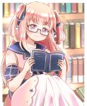  1girl blush book commentary_request commission dress glasses hair_ribbon highres hoshifuri_iku library long_hair pink_hair prism_project purple_eyes reading ribbon sailor_collar salt_029 skeb_commission solo two_side_up virtual_youtuber 