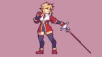  1girl bangs blonde_hair breasts buskhusker full_body hairband hand_on_own_chest highres looking_to_the_side necktie original pixel_art rapier red_eyes red_footwear red_sleeves skirt smile solo sword thighhighs weapon 
