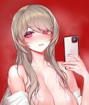  1girl bangs bare_shoulders blush breasts brown_hair cellphone cleavage highres holding holding_phone honkai_(series) honkai_impact_3rd long_hair looking_at_viewer mole mole_under_eye off_shoulder open_clothes open_shirt papupu phone red_background red_eyes rita_rossweisse self_shot shirt simple_background smartphone smile solo sweat swept_bangs upper_body wet white_shirt 