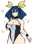  1girl bangs bare_shoulders black_eyes blue_hair blunt_bangs breasts buskhusker collarbone dizzy_(guilty_gear) flat_color guilty_gear hand_on_shoulder looking_at_viewer ribbon smile solo sparkle swimsuit thick_thighs thighs wrist_cuffs 