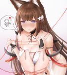  1girl absurdres alternate_costume amagi_(azur_lane) amagi_(wending_waters_serene_lotus)_(azur_lane) animal_ears azur_lane bare_shoulders bikini black_choker blurry_foreground blush bound bound_wrists breasts bridal_gauntlets brown_hair choker cleavage collarbone fox_ears gradient gradient_background hair_ornament hands_up heart highres large_breasts licking_lips light_smile long_hair looking_at_viewer naughty_face nose_blush pov pov_hands purple_eyes see-through short_eyebrows smile solo_focus string string_of_fate swimsuit thigh_strap thighs tongue tongue_out very_long_hair white_bikini wide_hips woon 