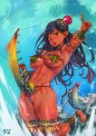  1girl abs animal bare_shoulders barefoot bikini black_hair bracelet bracer breasts collarbone commentary_request dark_skin day f.s. fish fishing fishing_line gradient_hair green_eyes groin_tendon hair_ornament highres jewelry large_breasts leaf_bikini looking_at_viewer lunaluna_(queen&#039;s_blade) multicolored_hair navel open_mouth outdoors pearl_thong queen&#039;s_blade queen&#039;s_blade_rebellion revealing_clothes river rock solo swimsuit thick_thighs thighlet thighs underboob water 