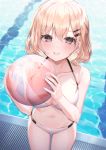  1girl ball banned_artist bare_arms bare_shoulders beachball bikini black_eyes blonde_hair breasts caustics cleavage collarbone hair_ornament hairclip halterneck highres hinaki_(hinaki_0102) holding large_breasts looking_at_viewer mole mole_on_breast mole_on_thigh mole_under_mouth navel original parted_lips pool short_hair solo standing stomach swimsuit thighs water white_bikini 