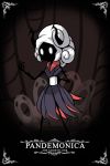  absurdres artist_name black_dress black_horns black_skin character_name coffee_cup commentary cup disposable_cup dress ghost_print hand_up helltaker highres holding holding_cup hollow_knight horns insect_girl long_hair pandemonica_(helltaker) parody signature standing style_parody taphris white_hair 