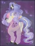  2018 anthro biped black_border black_spots border breasts butt character_request clothing deervvitch ear_piercing ear_ring equid equine female hair hooves horse mammal nipples piercing purple_background simple_background solo spots spotted_hair standing translucent translucent_clothing 