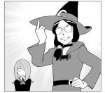  2girls character_request glasses greyscale hat little_witch_academia long_hair looking_at_viewer middle_finger monochrome multiple_girls open_mouth school_uniform smile sucy_manbavaran ueyama_michirou witch 