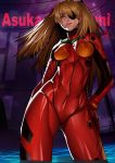  1girl asdj blue_eyes bodysuit breasts cameltoe character_name clip_studio_paint_(medium) covered_navel eyepatch highres long_hair neon_genesis_evangelion orange_hair pilot_suit plugsuit rebuild_of_evangelion red_bodysuit shikinami_asuka_langley skinsuit small_breasts solo souryuu_asuka_langley standing two_side_up wading 