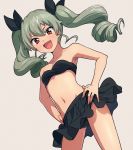  1girl :d anchovy_(girls_und_panzer) bikini black_bikini black_ribbon blush commentary_request drill_hair frilled_bikini frills girls_und_panzer green_hair grey_background hair_ribbon hands_on_hips highres looking_at_viewer navel open_mouth red_eyes ribbon sayshownen simple_background smile solo swimsuit thighs twin_drills 