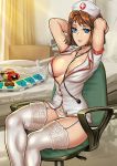 1girl arms_up bed between_breasts blue_eyes breasts brown_hair buttons chair duel_disk garter_straps hat hospital indoors large_breasts looking_at_viewer mazaki_anzu nurse nurse_cap office_chair panties parted_lips redjet short_hair short_sleeves sitting smile solo stethoscope thighhighs underwear watermark web_address white_headwear white_legwear yuu-gi-ou yuu-gi-ou_duel_monsters 