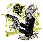  1:1 30mrknowitall alpha_channel anthro cigarette clothing domestic_cat felid feline felis fur grey_body grey_fur gun handgun hoodie humanoid male mammal pistol ranged_weapon ribbons simple_background solo text topwear transparent_background weapon yellow_eyes yellow_sclera 