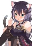  1girl animal_ear_fluff animal_ears arm_on_knee bangs bare_shoulders black_hair black_legwear blush breasts cat_ears cat_girl cat_tail commentary_request detached_sleeves eyebrows_visible_through_hair fang frilled_skirt frills gem green_eyes hair_between_eyes hand_up highres karyl_(princess_connect!) knees_up long_hair long_sleeves looking_at_viewer low_twintails multicolored_hair open_mouth playing_with_own_hair princess_connect! princess_connect!_re:dive raru0310 shirt simple_background sitting skirt sleeveless sleeveless_shirt small_breasts solo streaked_hair tail tail_raised tears thighhighs twintails white_background white_hair 