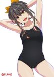  1girl 4690_(tkpbsk) arms_up black_hair black_swimsuit bow eyebrows_visible_through_hair hair_bow hair_up kantai_collection looking_at_viewer multicolored_hair naganami_(kancolle) one-hour_drawing_challenge one-piece_swimsuit open_mouth pink_hair standing swimsuit twitter_username white_background yellow_eyes 