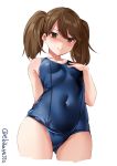  1girl alternate_costume ass_visible_through_thighs blue_swimsuit blush brown_eyes brown_hair collarbone cowboy_shot ebifurya eyebrows_visible_through_hair flat_chest hair_between_eyes hand_on_own_chest highres kantai_collection looking_at_viewer looking_down one-piece_swimsuit ryuujou_(kantai_collection) school_swimsuit simple_background solo standing swimsuit twintails twitter_username white_background 