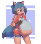  1111122 anthro belly big_belly brand_new_animal canid canine clothed clothing female fully_clothed looking_at_viewer mammal michiru_kagemori midriff pregnant raccoon_dog solo studio_trigger young 