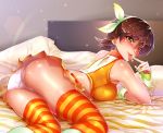  1girl bed bow breasts brown_hair crop_top hair_bow highres honda_mio idolmaster idolmaster_cinderella_girls idolmaster_cinderella_girls_starlight_stage jewelry kilesha midriff necklace panties pink_panties short_hair star_(symbol) striped striped_legwear tongue tongue_out underwear 