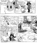  baby_pok&eacute;mon bag dialogue eevee english_text female greyscale hi_res koray_(clockwork_journeys) male monochrome nintendo pok&eacute;mon pok&eacute;mon_(species) pok&eacute;mon_mystery_dungeon riolu speech_bubble stairs text video_games vivian_(clockwork_journeys) xetajts 