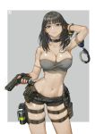  1girl absurdres black_hair breasts cleavage cowboy_shot cuffs guangmi gun handcuffs highres large_breasts long_hair short_shorts shorts skindentation sudden_attack weapon 