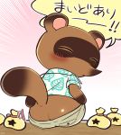  animal_crossing anthro blush bottomwear butt canid canine chibi clothed clothing hi_res japanese_text looking_back male mammal nanashi nintendo partially_clothed presenting presenting_hindquarters raccoon_dog shorts shorts_down solo tanuki text tom_nook_(animal_crossing) video_games 