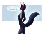  anthro blue_body blue_fur breasts canid canine catherinemeow dialogue dialogue_box ear_piercing ear_ring female fur hair mammal multicolored_body multicolored_fur open_mouth open_smile piercing red_hair simple_background smile solo towel two_tone_body two_tone_fur yellow_eyes 