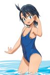  1girl a1 black_hair blue_eyes blue_swimsuit blush fang flat_chest hand_up hodaka_natsumi houkago_teibou_nisshi looking_at_viewer one-piece_swimsuit open_mouth partially_submerged short_hair simple_background smile solo swimsuit thighs water wet white_background 