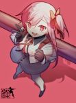 1girl alternate_costume bangs blush bow braid child commentary_request girls_frontline hair_between_eyes hair_ornament hair_ribbon happy hexagram long_hair looking_at_viewer negev_(girls_frontline) one_side_up pink_hair red_background red_bow red_eyes ribbon smile solo star_of_david white_legwear xiayehongming younger 