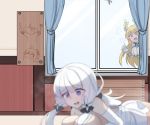  2girls akaoni_(zumt3548) azur_lane blonde_hair blue_eyes blurry_foreground breath commentary_request curtains doodle elbow_gloves gloves hair_ornament illustrious_(azur_lane) implied_paizuri long_hair multiple_girls open_mouth peeping purple_eyes unicorn_(azur_lane) victorious_(azur_lane) white_gloves white_hair window 
