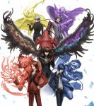  5boys amamiya_ren anniversary arsene_(persona_5) back-to-back belt black_coat black_eyes blue_eyes blue_hair brown_eyes brown_hair cape card chain character_request closed_mouth coat feathered_wings fire gloves grey_hair hair_between_eyes hand_on_hip hands_in_pockets hat highres holding holding_polearm holding_sword holding_weapon izanagi_(persona_4) katana male_focus mask multiple_boys narukami_yuu over_shoulder persona persona_2 persona_3 persona_4 persona_5 pointy_footwear polearm purple_hair red_gloves saikoro_(et1312) school_uniform standing sword sword_over_shoulder thanatos_(persona) top_hat uniform weapon weapon_over_shoulder wings yuuki_makoto zipper zipper_pull_tab 