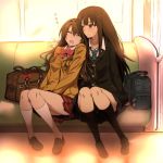  2girls bag brown_footwear brown_hair cardigan closed_eyes commentary_request drooling green_eyes green_neckwear idolmaster idolmaster_cinderella_girls jacket jewelry kneehighs long_hair multiple_girls nakahira_guy necklace necktie open_mouth plaid plaid_skirt red_skirt school_uniform shibuya_rin shimamura_uzuki shoes sitting skirt sleeping train_interior zzz 