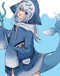 1girl absurdres bangs blue_eyes blue_hair blue_hoodie blush gawr_gura highres hololive hololive_english hood long_sleeves looking_at_viewer multicolored_hair open_mouth polearm shark_girl shark_hood shark_tail sharp_teeth solo streaked_hair tail teeth trident virtual_youtuber weapon 