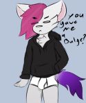  aiden_blush_pup aidentheblushpup anthro black_clothing black_hoodie black_topwear bulge canid canine canis clothing crybabyaiden fur hair hoodie male mammal meme meme_clothing pink_hair purple_tail simple_background solo text topwear underwear white_body white_clothing white_ears white_fur white_legs white_underwear 