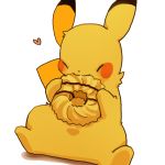  &lt;3 1:1 2019 ambiguous_gender blush eating eyes_closed feral food hi_res ke_mo_suke nintendo pikachu pok&eacute;mon pok&eacute;mon_(species) simple_background smile solo video_games white_background yellow_body 